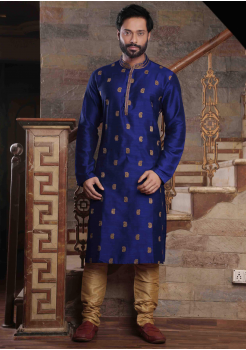 Royal Blue with Gold Color Silk Kurta Set